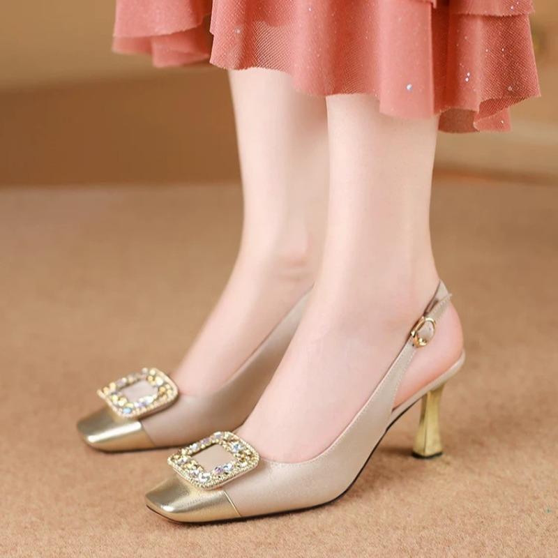 

Fashion Summer French Rhinestone Square Buckle Heels Square Toe Spliced Back Trip Strap Stiletto Wrapped Toe Sandals 39