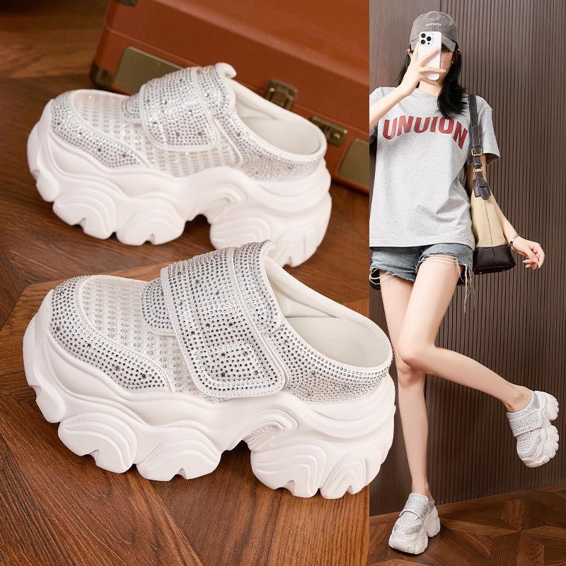 thick-soled half-slippers women's summer new versatile bag head outer wear sandals rhinestone stepping on shit feeling inner height increase 