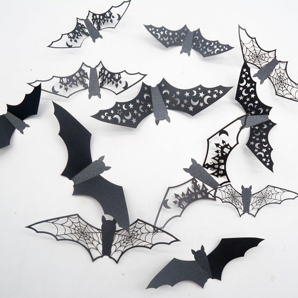 Halloween Decorations 36pcs Large Bats Wall Stickers Decals Decor Halloween Hollow Wall Decals PVC Scary Black Bat Stickers for Fireplace Ceiling