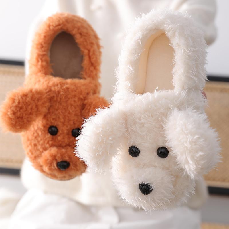 Comwarm Cute Dog Short Plush Slippers For Women 2026 Winter Warm Furry Cotton Shoes Couples Home Indoor Bedroom Cozy Slippers