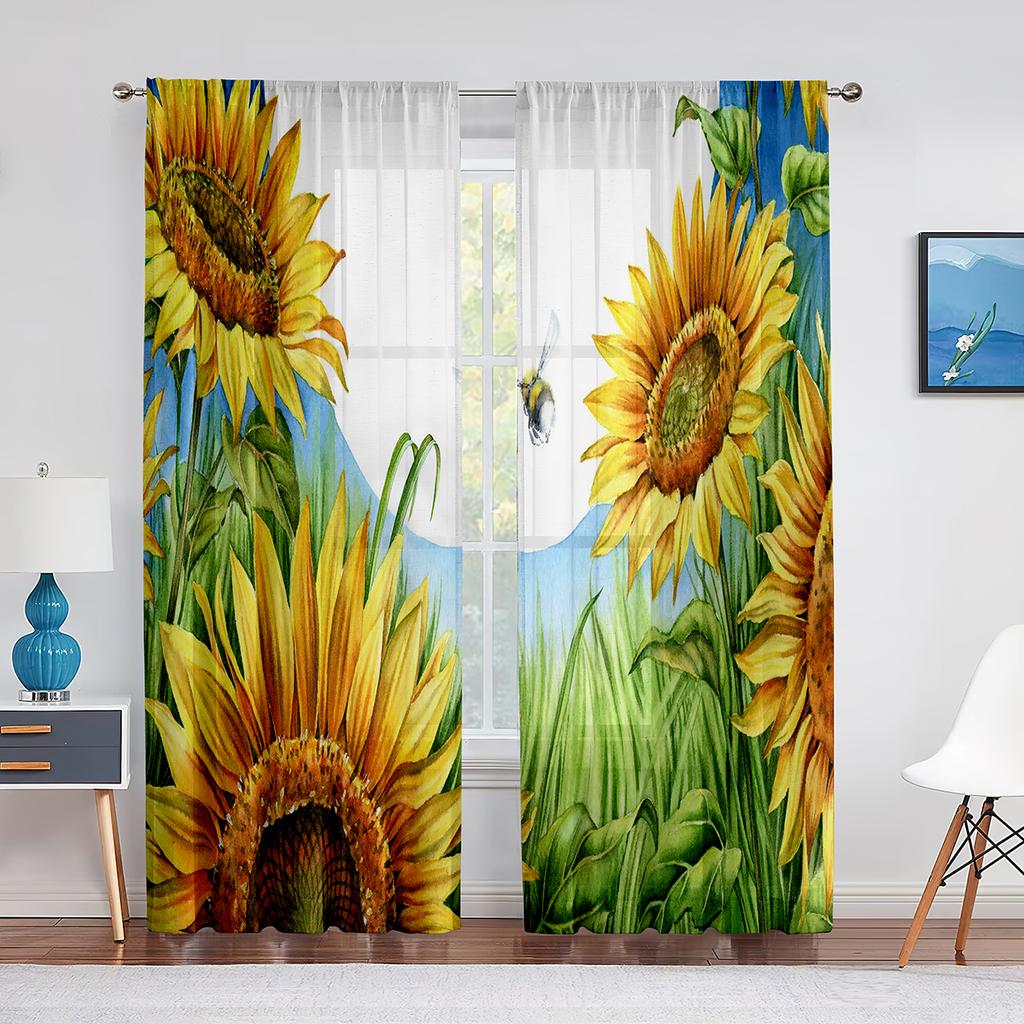 Sonnenblume Transparenter Voile Vorhang Ölgemälde Kunst Thema Bedruckte Chiffon Tüll Vorhänge für Wohnzimmer Schlafzimmer Küchendekoration