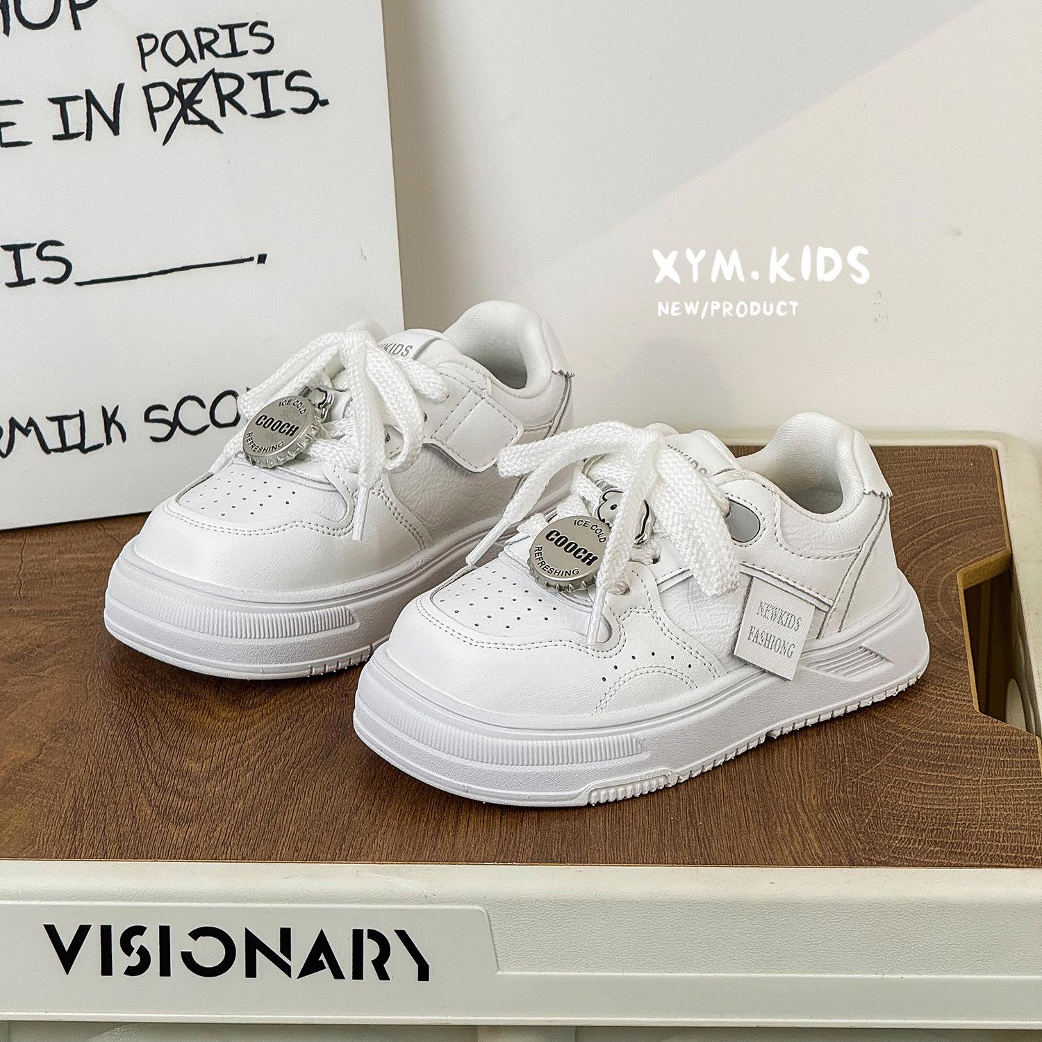 Spring 2026 Korean Style Cartoon Badge Kids  Thick-Soled White Shoes 30 белый