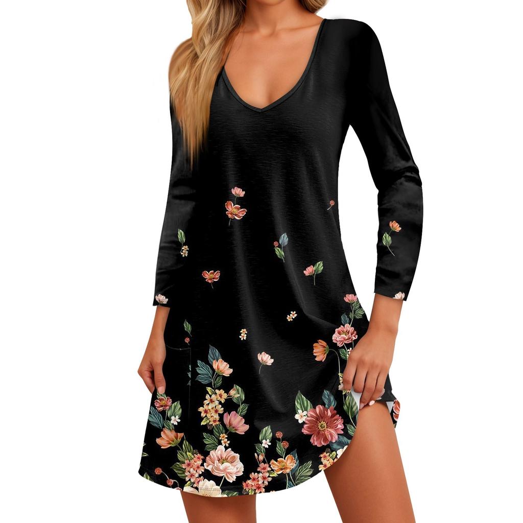 Lässiges und modisches Damenkleid mit V-Ausschnitt, bedruckter Tasche, 3/4-Ärmeln und lockerer Passform