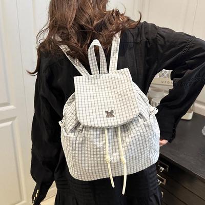 New Plaid Drawstring Backpack Korean Women's Casual Travel Student Bookbag Lightweight Mountaineering Backpack