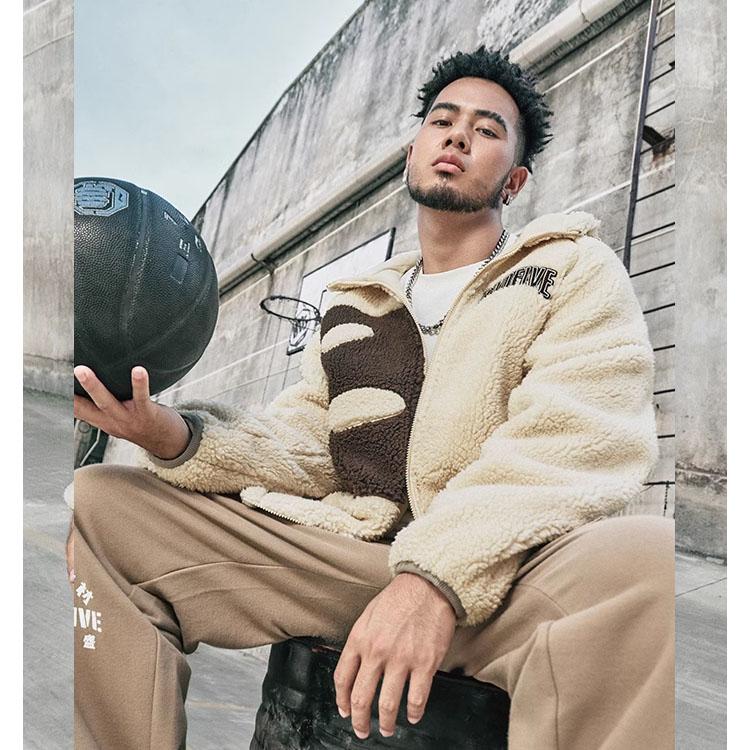 Li Ning Badfive Series Letter Print Hooded Fleece Jacket Men Jacket Fog-Khaki AFDT665-1