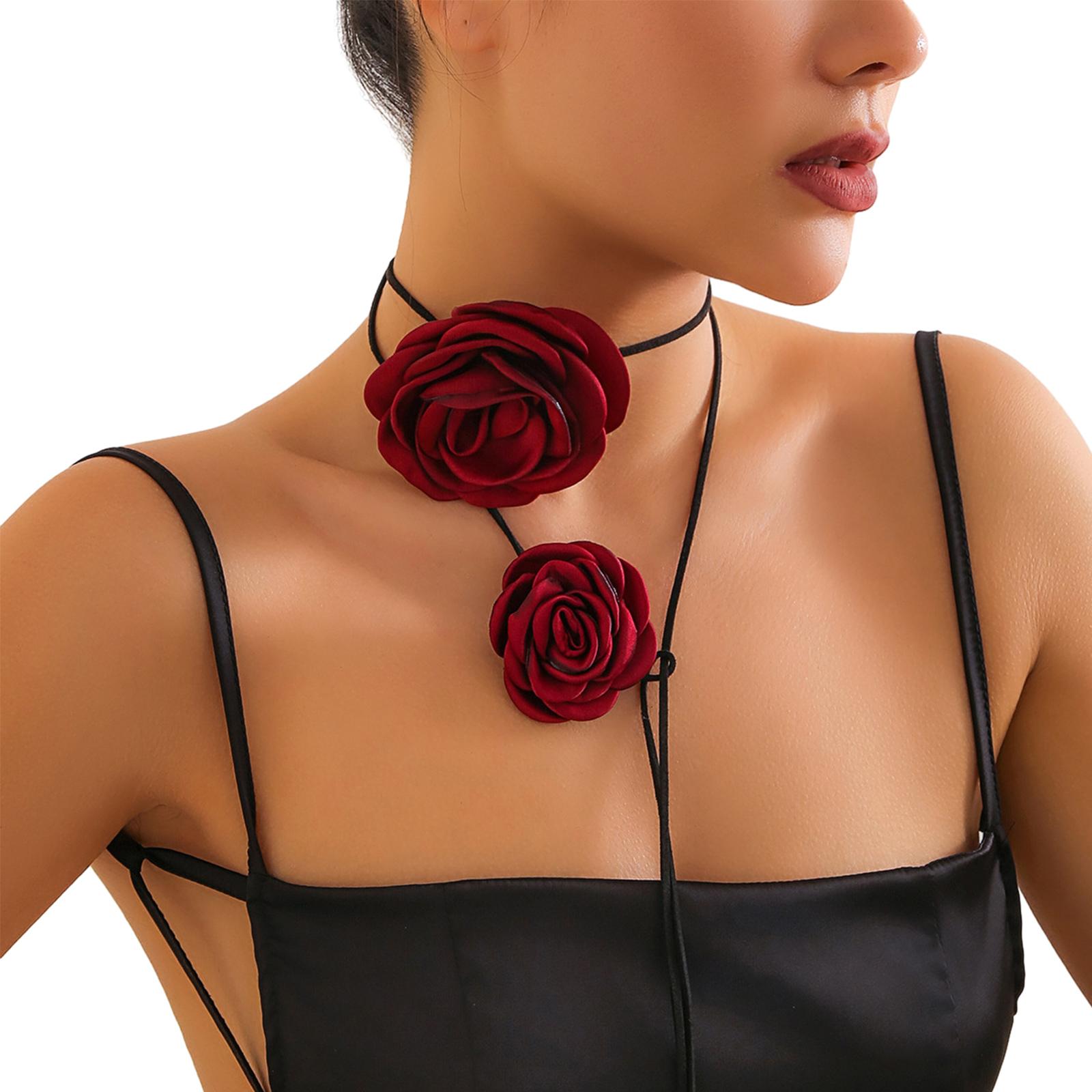 

Exaggerated Rose Flower Pendant Short Choker for Women Black/White/Red Adjustable Chain Valentines Day Wed Jewelry 1