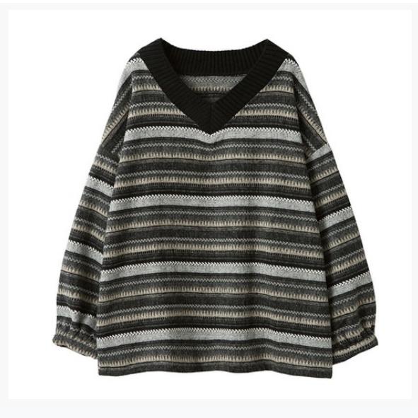 

Весенне-осенний полосатый пуловер контрастного цвета с V-образным вырезом в ленивом стиле, свободный свитер высокого класса для женщин XXL