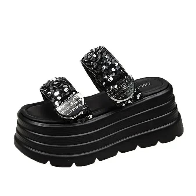 Fashion 8CM High Platform Slippers Women Summer Bling Fashion 2025 New Increase Heels Sandals Casual Muffin Flip-flops Heels Beach Shoes