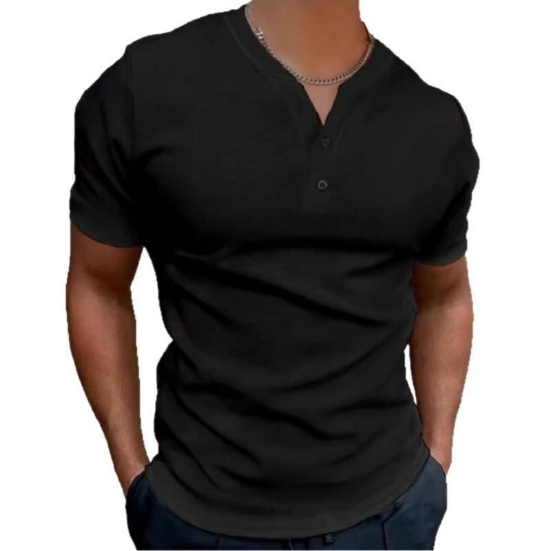 Maglietta da uomo a maniche corte con scollo Henley in maglia a coste, vestibilità slim, chiusura con bottoni sul davanti, tinta unita, top casual
