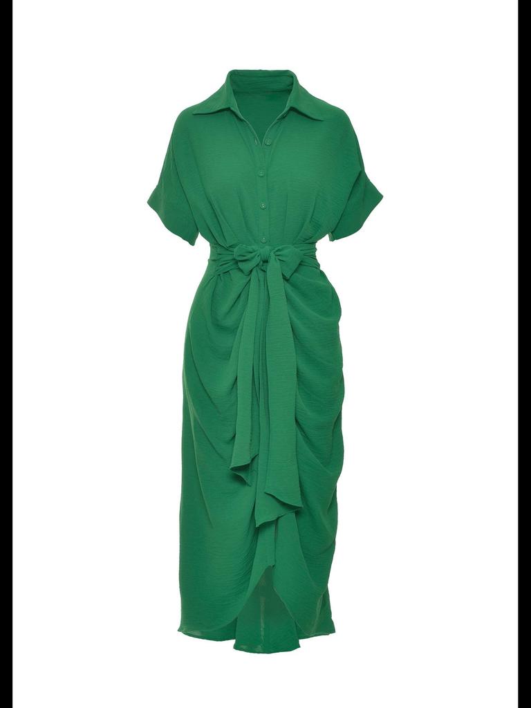 Evropské a americké dámské košilové šaty s klopami a vysokým pasem na rok 2025 - středně dlouhé, s krátkým rukávem, módní jednořadé zapínání