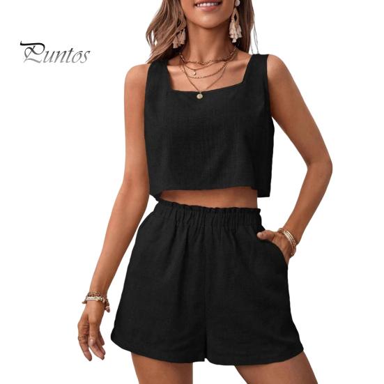 

Женский комплект из двух предметов из хлопка и льна, укороченный топ без рукавов с открытой спиной и широкими шортами, летний повседневный наряд, подходящая домашняя одежда L чёрный