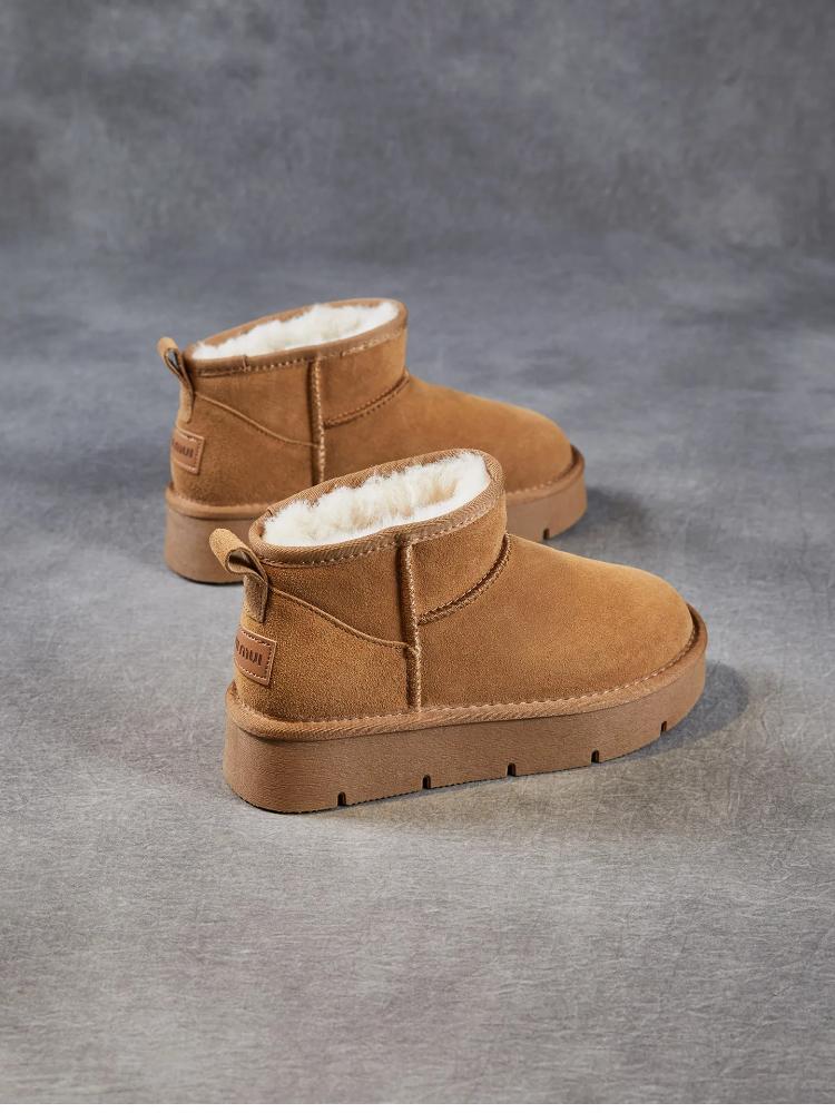 Johnature Cow Suede Thick Soled Snow Boots Versatile Thick Plush Warm Women's Slip-on Short Boots