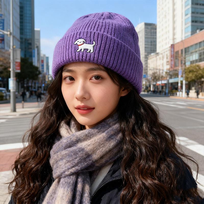 Bestickte Strickmütze für Damen Herbst und Winter Koreanische Version All-Match Wollmütze Kleines Gesicht Großer Kopfumfang Warme Mütze