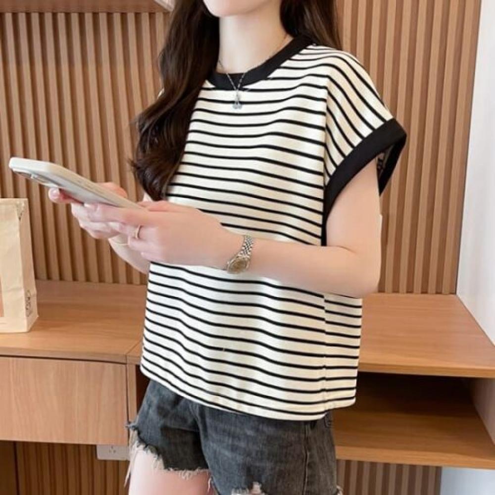 Navava Casual Hem STring STriped Cap Sleeve T shirT nT2544