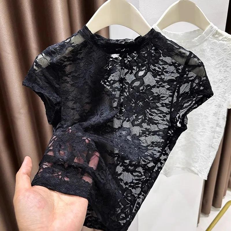 Chiffon Lace Short Sleeve T-Shirt Women's Summer New Pure Desire Style Sweet and Spicy Girl Hollow Out Sheer Top
