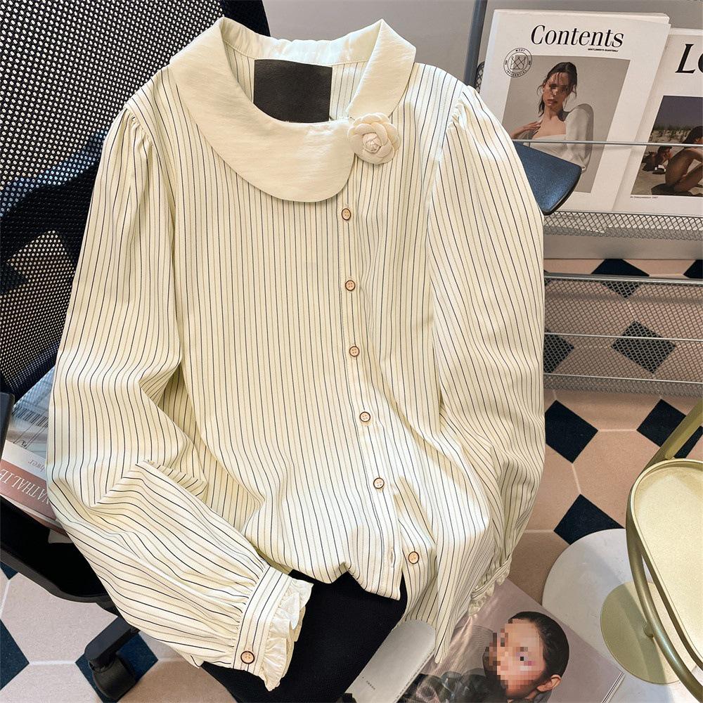 

Spring Autumn French Striped Long Sleeve Shirt with Floral Pattern for Women XL абрикосовий
