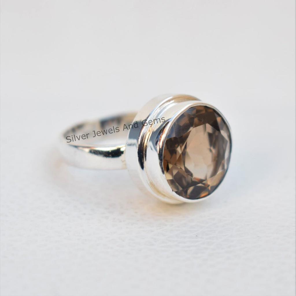 Handmade Round Smoky Quartz Ring: 925 Sterling Silver, Capricorn Birthstone