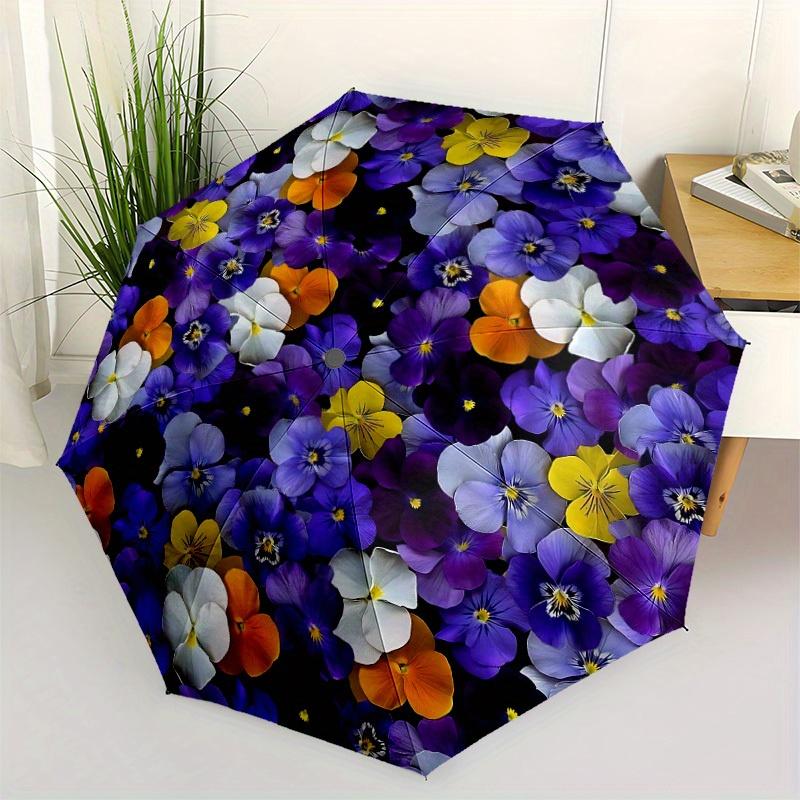 1pc Pansy Flowers Automatic Opening/Closing Folding Umbrella with 51 Ribs, Plastic Handle, Windproof Portable Sunshade Umbrella Halloween an