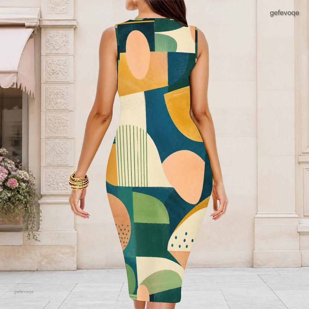 Women Plus Size Round Neck Sleeveless Geometric Printed Bodycon Midi Dress
