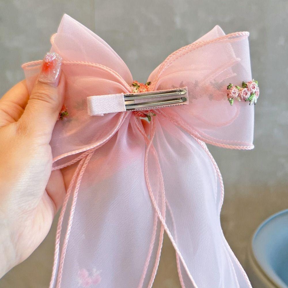 Fashion Embroidered Floreal Braided Hairpin Solid Color Bowknot Ponytail Headdress Chiffon Big Ponytail Clip Women