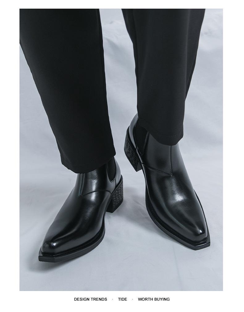 Men's Large Size Pointed Toe Leather Chelsea Boots with Thick Soles and High Heels - British Style Height Increasing Short Boots.
