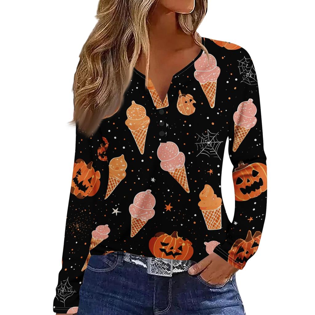 Women's Casual Long Sleeve V-Neck T-Shirt with Halloween Print and Button for Holiday Outfits