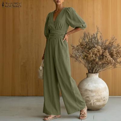Damen Freizeit Elegante V-Ausschnitt 3/4 Ärmel Weiter Bein Jumpsuits