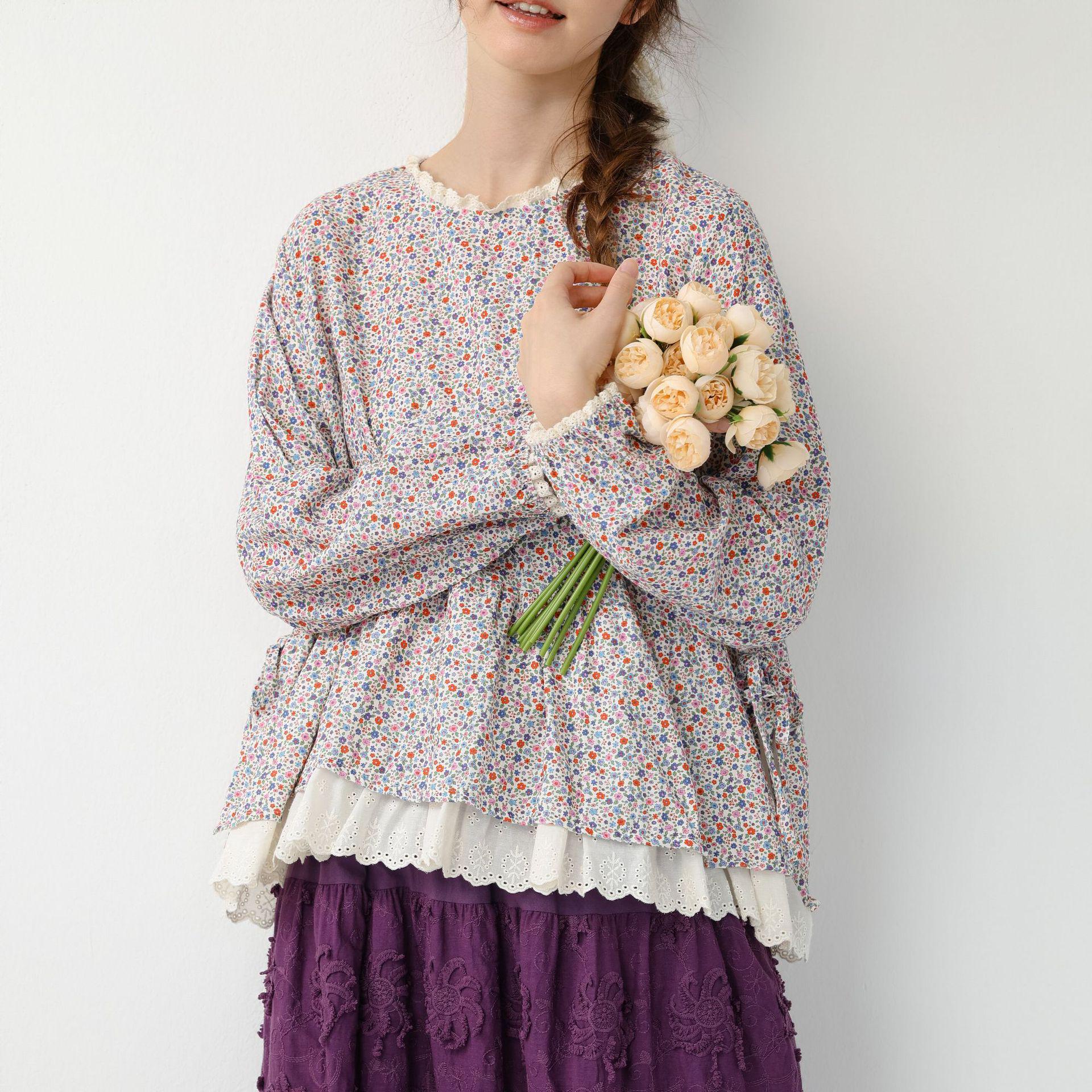 Sweet Mori Girl Floral Patchwork Long Sleeve Cotton Pullover - Pastoral Style Spring Arrival One Size розовый/синий