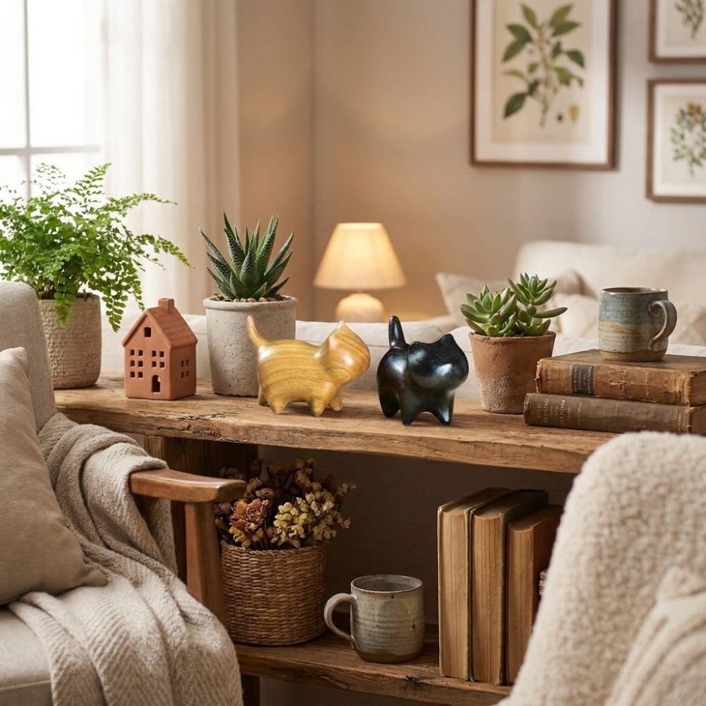 Wood Carving Cat Ornament Natural Texture Lucky Cat Ornament Wooden Cat Figurine  Bookshelf Display