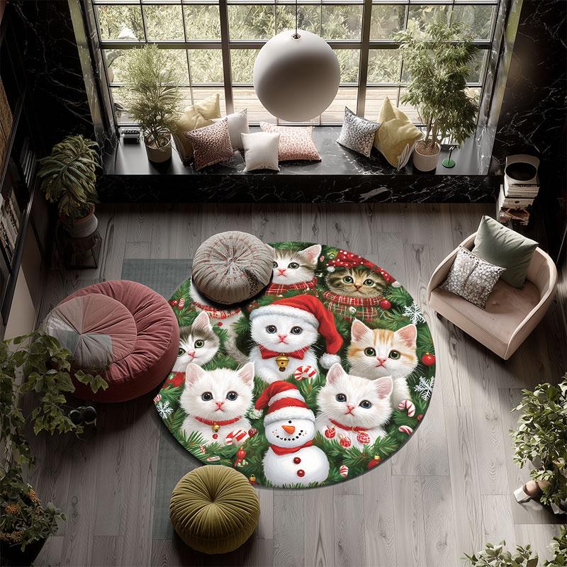 Christmas Kitten Pattern Round rug,Carpet Rug for Living Room Bedroom Playroom ,Non-slip Floor Mat,Holiday Gifts and Birthday Gifts.