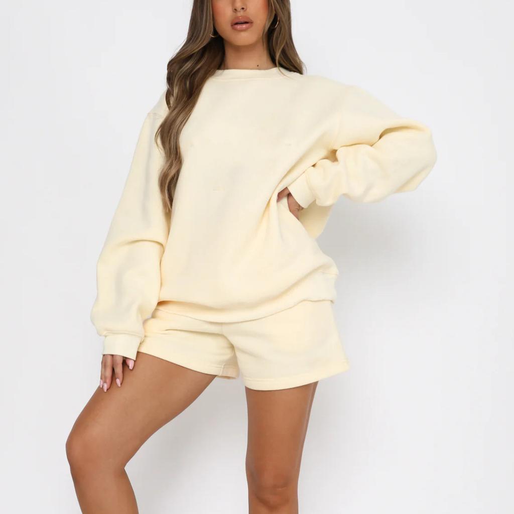 1116 Spring and Autumn Women's New, Solid Color Loose and Versatile Casual Crew Neck Sweater Shorts Set