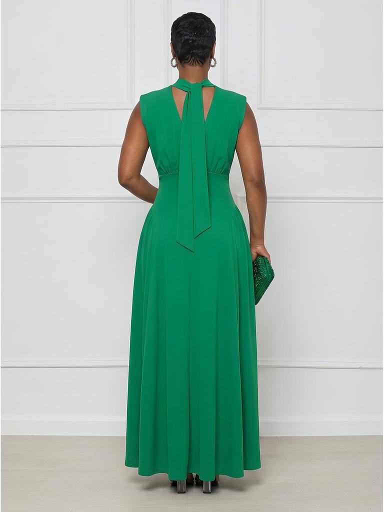 Women's Elegant Waist-Tie Solid Color Slim Dress