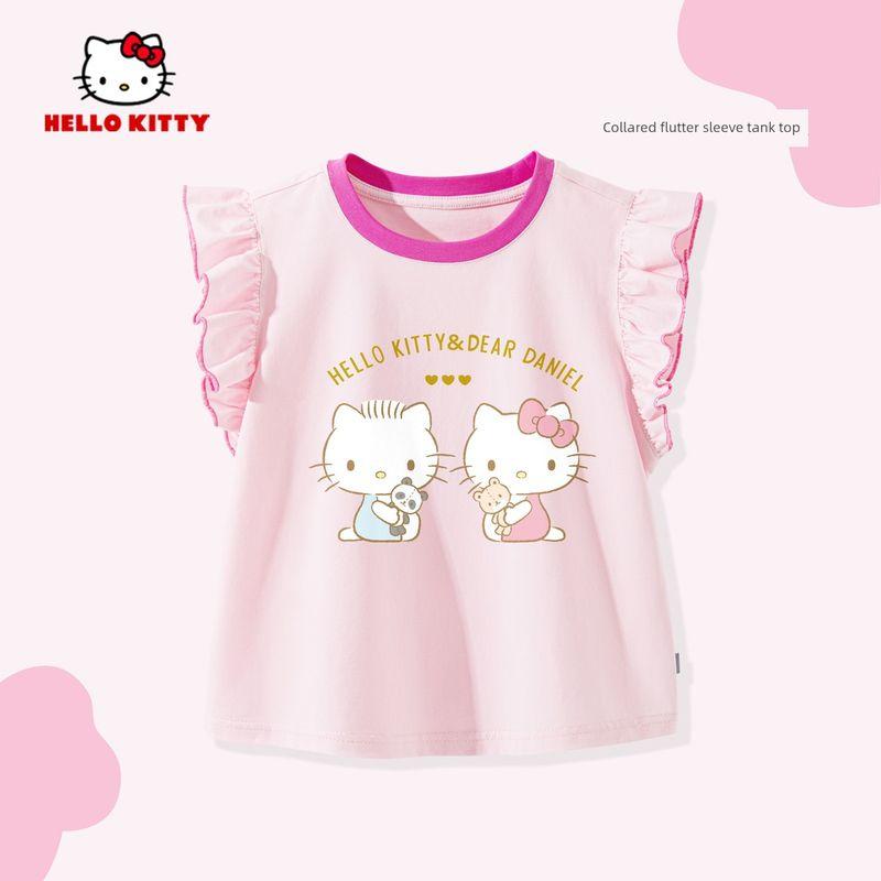 My Melody Girls' Flutter Sleeve T-Shirt Summer 2026 New Pink Children's Round Neck Top Cute Baby Girl Vest