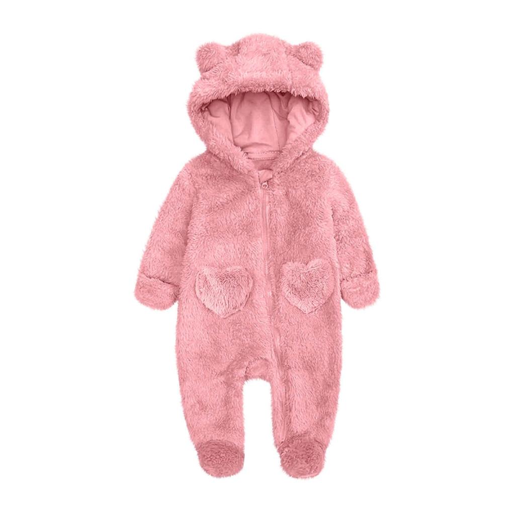 Baby Plush Warm One-Piece Bear Hooded Zipper Children's Solid Color Sleepsuit