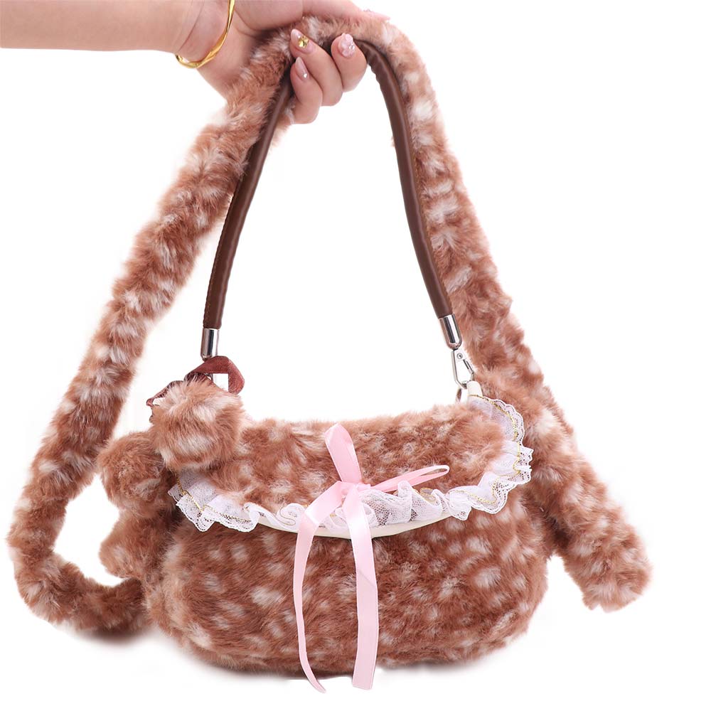 Borsa a tracolla in peluche Y2k con fiocco Borsa a mano pelosa Borsa a spalla in peluche maculato di cervo ispessita per studenti
