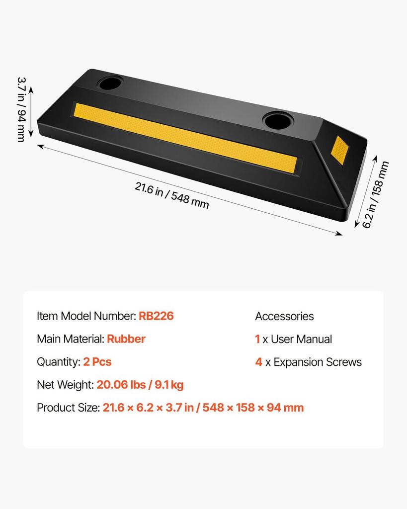 Parking Stopper, 548 Mm 2 Pcs Heavy Duty Parking Aid for Garage, Rubber Curb Garage Floor Stopper with Reflective Strips, Aid Gadgets for Cars Vans