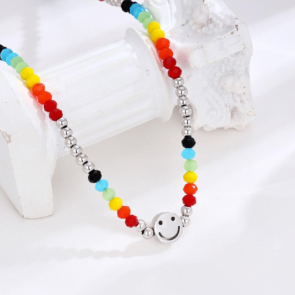 Korean Style S925 Sterling Silver Smiley Face Rainbow Necklace - Niche Beaded Clavicle Chain for Women