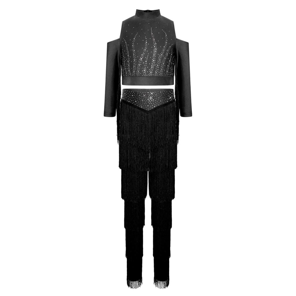 Set de pantaloni cu franjuri pe straturi pentru fete Talie elastică Crop top cu strasuri strălucitoare Ținută Latină