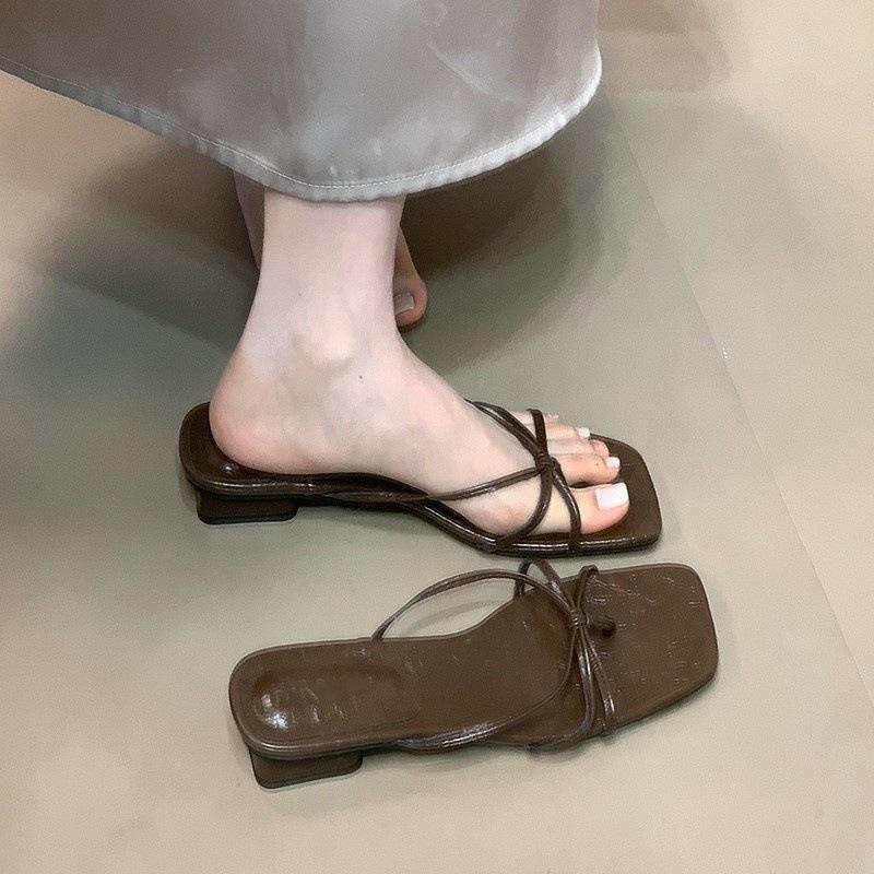 Square head silver niche one-word drag women's summer outer wear temperament simple toe low heel cool slippers