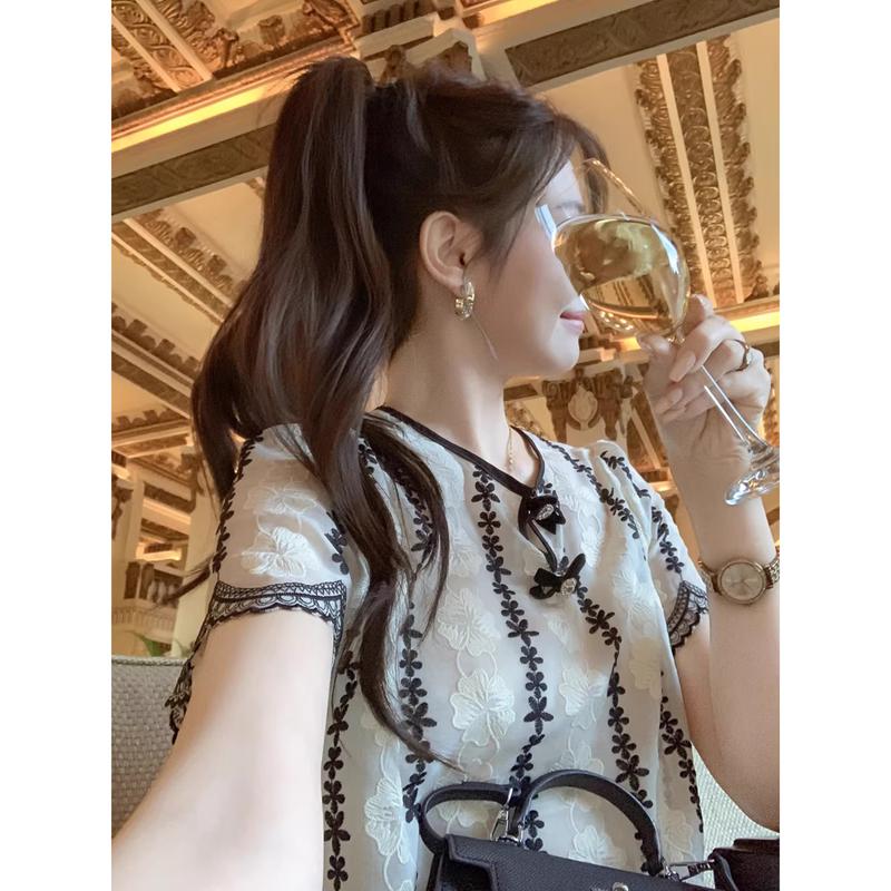 Elegant Bowknot Embroidered Chiffon Top S