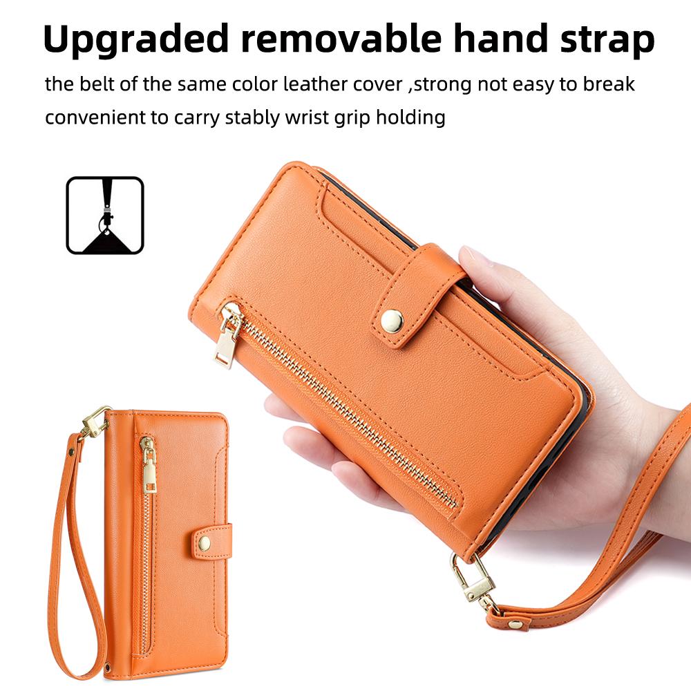 For Vivo X90 5G PU Leather Stand Case Zipper Pocket Card Slots Well-Protected Flip Phone Cover with Wrist Strap and Shoulder Strap