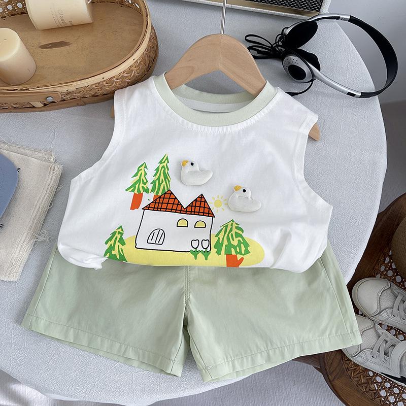 Korean Style Baby Vest & Shorts Set - Summer 2026 New Arrival, Super Cute Cartoon Design for Boys & Girls XL