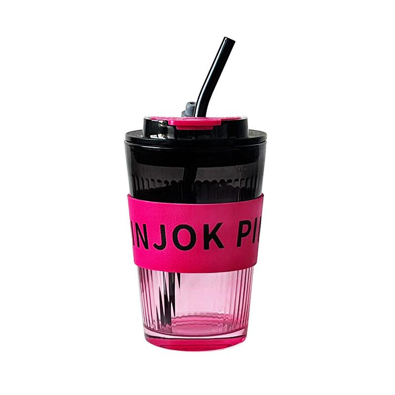 Jun Seventeen WJ Black Pink Striped Glass Straw Coffee Cup 400ml