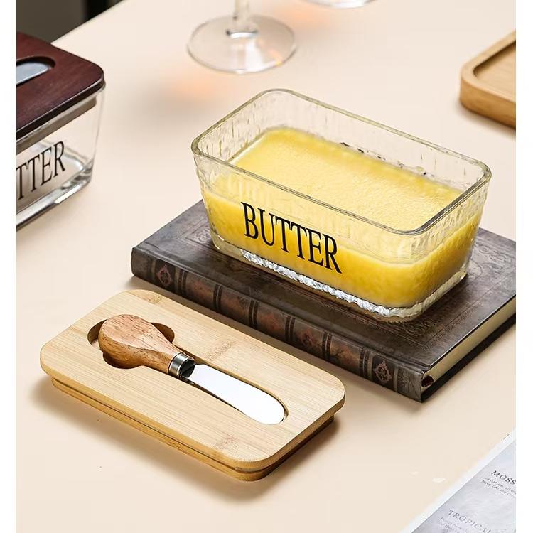 Western-style Glass-sealed Butter Box with Lid, Rectangular Scraper, Household Cheese Preservation Jar, Household Cheese Box