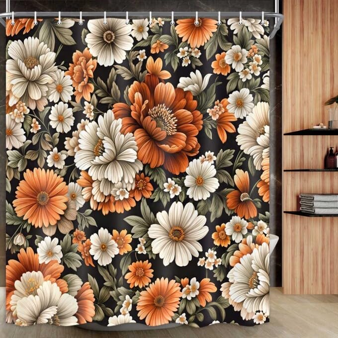 Floral Shower Curtain for Bathroom,Vintage Floral Shower Curtain Set Orange Flower Plants Bathroom Curtains Decor,Waterproof