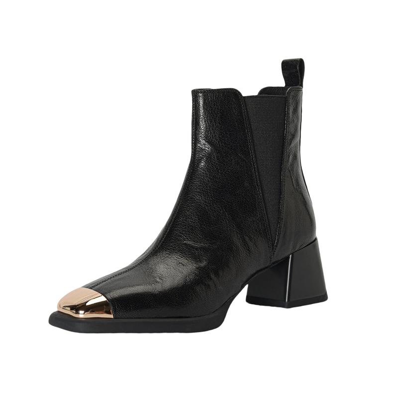 Fashion Women's new autumn square toe leather sheepskin metal high-heeled plus size and calf elastic retro fashion short boots