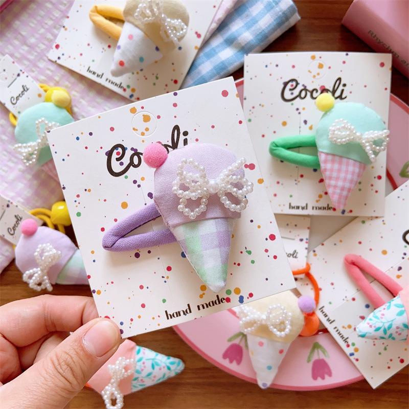 New Korean Kids Spring Summer Handmade Plaid Ice Cream Pearl Hair Ties & Cute Bow Barrettes Girls Sweet Stylish Hair Accessories