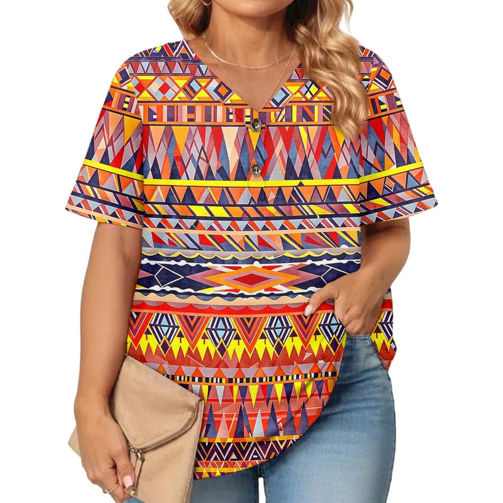 Women's Fashion Casual Printed V-Neck Short Sleeve Large Size T-Shirt Top