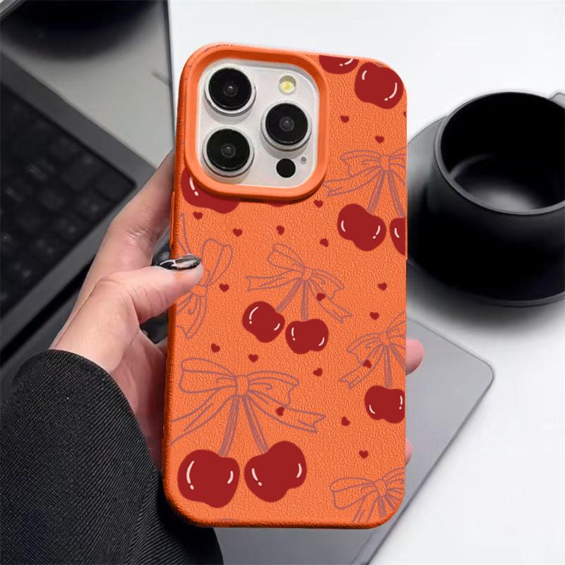 Leather Texture TPU Soft Phone Case For iPhone 16 Pro Max 15 Pro 14 13 12 11 Bowknot Cherry Print Slim Shockproof Matte Bumper Cover