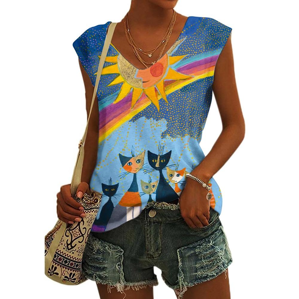 Women's Sleeveless T-shirts 3d Abstract Cat Print Vest Loose V-Neck T-shirts & Blouse Summer Breathable Basic Tops Tees